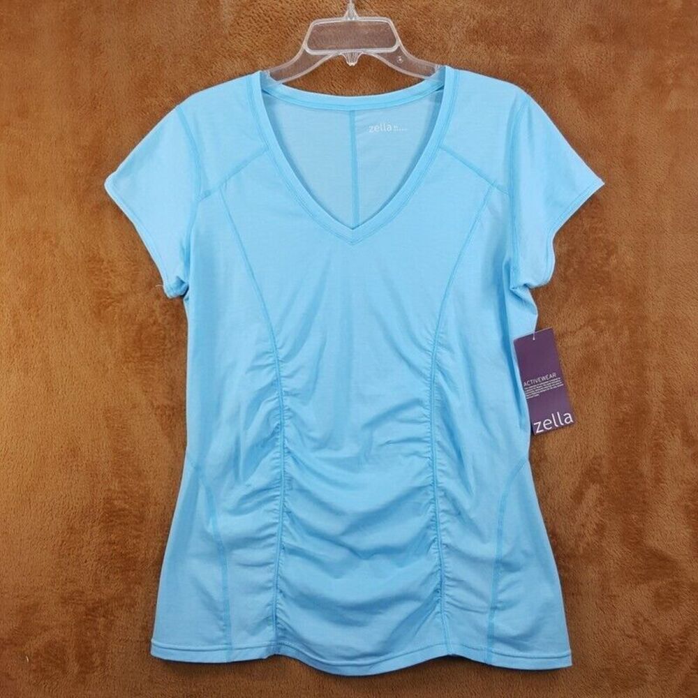 ZELLA Womans Top XL Blue Pullover VNeck Ruched Stretch Knit Athleisure Casual